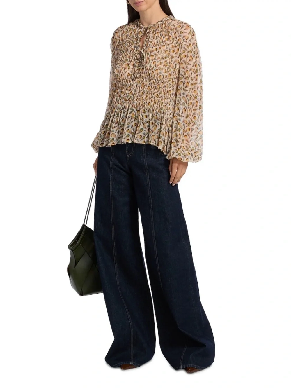 NWT $520 Ulla Johnson Robbie Feather-Print Silk Tie-Front Blouse